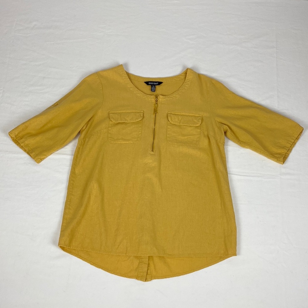 Ellen Tracy Woman’s 1/2 Sleeve 1/4 Zip Blouse Top Size M 55% Linen.